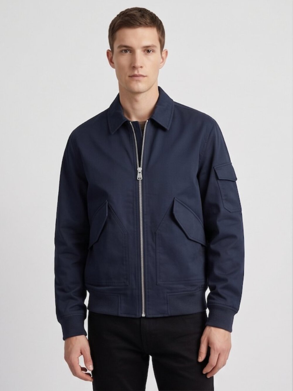 Club Monaco Men's Dark Navy Field Flight Jacket | Flap Pockets Ribbed Hem